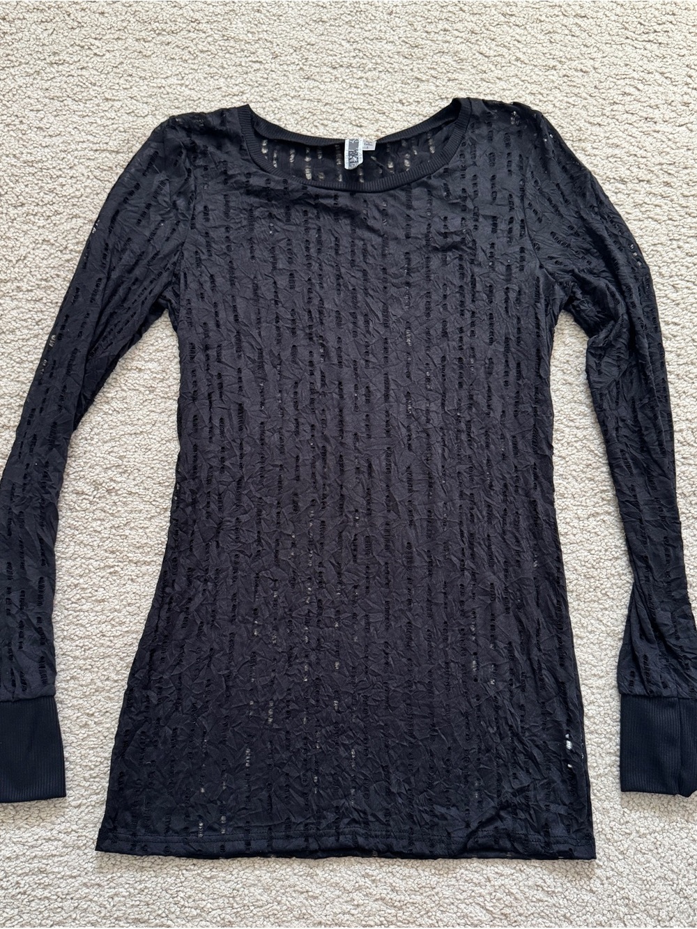 BKE Semi Sheer Black Burnout Ladder Knit Long Sleeve Scoop Top L Y2K Whimsigoth